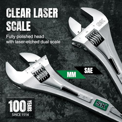 Image of SK 3-Piece Adjustable Wrench Set, 6 inch, 8 inch, 10 inch, SAE & Metric Scales | X-Frame Handle, Precision Jaw, Heat Treated CR-V Steel, Chrome-Plated Rust Resistant Finish