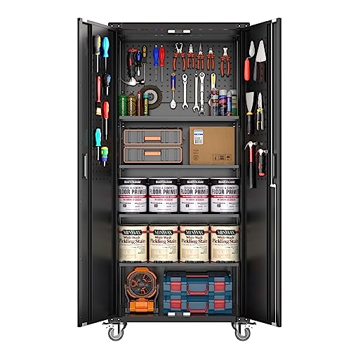 Garage Storage Cabinet 72" Locking w/Wheels & Pegboard | Heavy-Duty Steel w/ 4 Adjustable Shelves | Workshop Home Office Organizer, Black