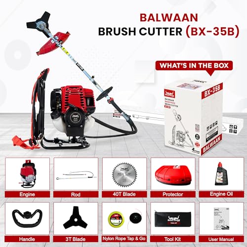 Image of Balwaan Krishi Brush Cutter | 35CC 4-Stroke Backpack Machine | Comes with 5 Attachments | 1 Year Warranty | Suitable for Grass Trimming, Lawn Trimming, Weeding & Cutting | Ariculture Machine | BX-35B