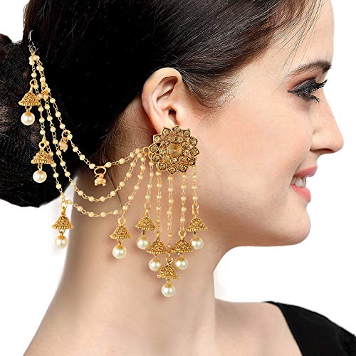 Image of Sukkhi Traditional Brass Gold Plated Wedding Jewellery Bahubali Inspired Long Chain Jhumki Earrings for Women