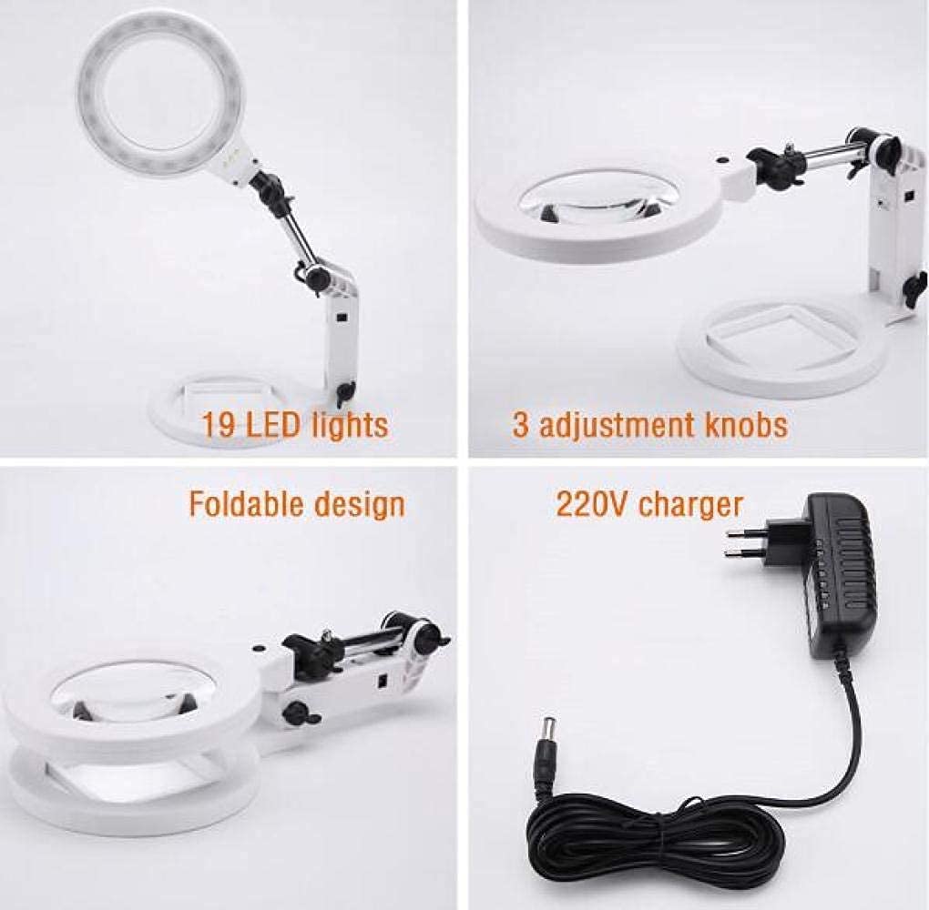 JOZZY Lupa,Lámpara de Escritorio Plegable con 19 LED Regulables y 3 Luces LED de luz Diurna, 2X 5X Mesa Manos Libres - Manualidades Lectura Joyería Soldadura Costura Hobby Inspección Universal