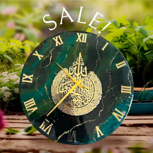 Image of Handmade Resin Wall Clock with Roman Numerals - Luxury Marble Effect Designer Wall Clock with Gold Finish, Silent Quartz Movement, Modern Home & Office Decor (Green)