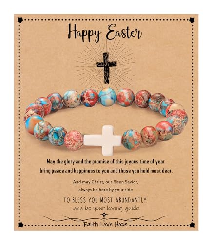 Image of Cross Bracelets for Women, Christian Gifts for Women Stocking Stuffers for Teens Cross Bracelet Imperial Nature Stone Bead Bracelet Confirmation Baptism Gift for Teen Girls Christmas Religious Gift Cathlic Faith Jewelry