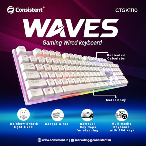 Image of Consistent Waves Gaming Wired Keyboard, USB Interface, Removal Key Caps for Cleaning | Stylish Slim Design
