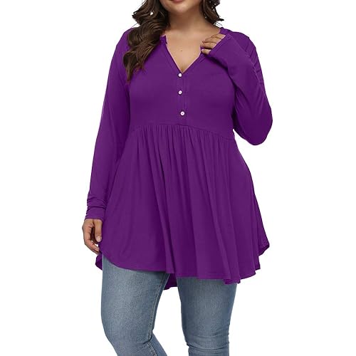 ALLEGRACE Women's Plus Size Henley V Neck Button Tunic Tops Long sleeve Swing Flowy Shirts