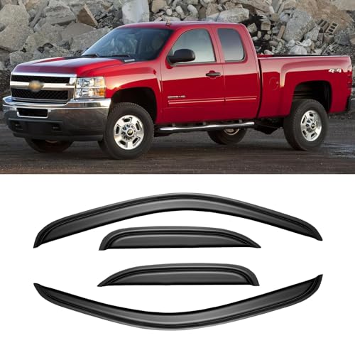 Image of Window Visors for 2007-2013 Chevy Silverado & GMC Sierra 1500 Extended Cab, Rain Guards Vent Deflector Shade Dark Smoke 2007-2014 Silverado & Sierra 2500 HD / 3500 HD, Tape-On, 4PCS