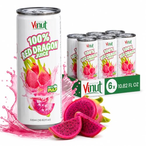 Image of VINUT 100% Red Dragon Fruit Juice with Pulp (Pitaya), No Added Sugar, Not From Concentrate, Gluten Free & Non-GMO Drink, 100% Vegan /Plant-Based, 10.82 fl oz Cans (Pack of 6)