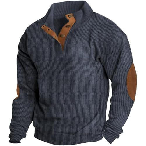 compulsoryking Mens Button Vintage Sweatshirt Leisure Long Sleeve Stand Collar Loose Fit Pullover Classic Solid Color Sweater
