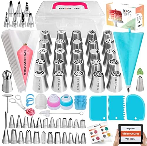 150Pcs Russian Piping Tips Set -Cake Decorating Tools and Supplies Kit Includes(28 Russian+24 Icing+7 Korean+1 Ball+1 Leaf )Frosting Tips, 41 Piping Bags,Cupcake Liners, Pattern chart & EBook by RFAQK
