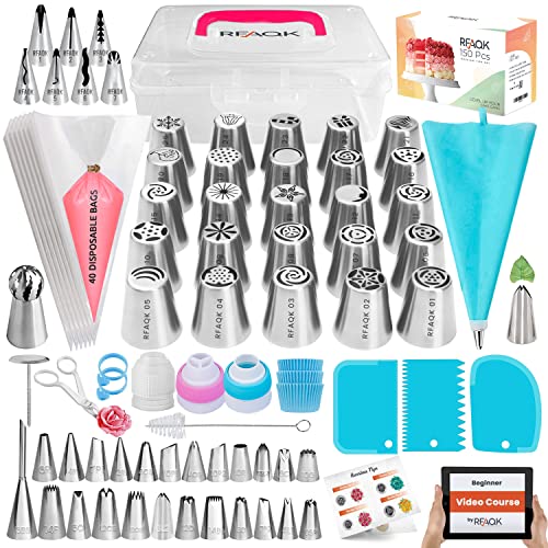 150PCs Russian Piping Tips for Cake Decorating - Piping Bags and Tips Set include 25 Extra Large Russian Tips,31 Icing Tips, 41 Pastry Bags & Other Frosting Tools for Cookie, Cupcake & Cake Decoration