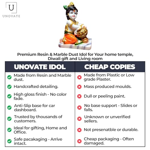 Image of UNOVATE Krishna Makhan Chor Statue Figurine Showpiece for Home Temple, Living Room & Pooja Decor | Lord Krishna Idol Showpiece for Housewarming Gift for Janmashtmi (White Marble Finish)