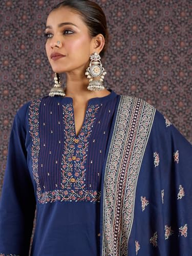 Image of INDO ERA Women's Pure Cotton Ethnic Motifs Printed Straight Kurta & Pant with Dupatta Set (IESTR11821)