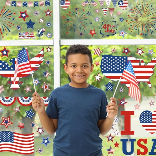 Image of 152 Pcs 4th of July Window Clings, 9 Sheets Patriotic Window Clings Decals, Watercolor Double-Sided American Flag Stars Firework Window Stickers for Independence Day Parade Veterans Memorial Day Decor