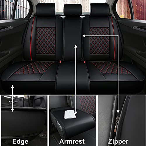 Inch Empire Easy To Clean Car Seat Cushions Synthetic Leather - Universal Fit Car Seat Cover For Corolla Cruze Legacy Malibu Maxima Tacoma (Black With Red Line Full Set) #TOP2