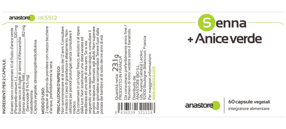 LAXANTE NATURAL * Sen + Anís Verde * OFERTA 3+1 GRATIS *320 mg / 240 cápsulas *Extracto de hojas de sen titulado máximo al 8% en senósido B, extracto concentrado 4:1 de fruto de anís verde * Digestión
