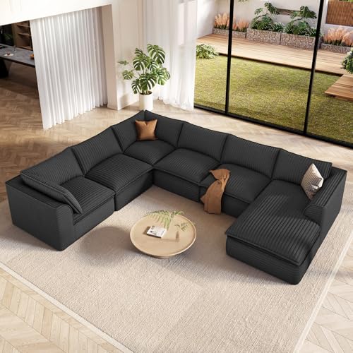 Image of Vesgantti 141.7 inch Oversized Boneless Sectional Couch, Modern 7 Seater Modular Sofa with Chaise & Ottoman, Deep Seat Convertible Corduroy Cloud Couches for Living Room, No Assembly Required, White