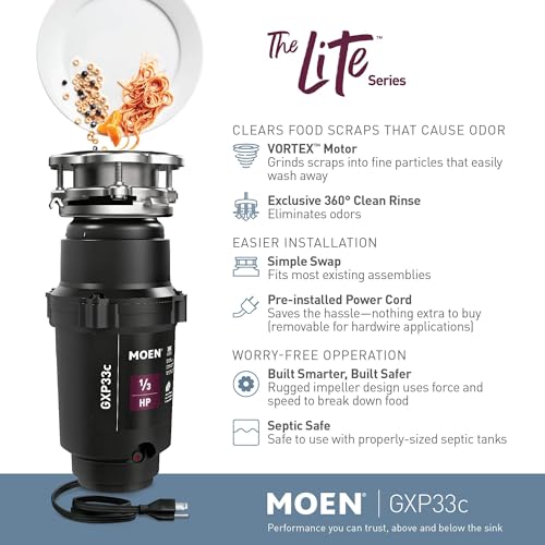 Image of Moen GXP33C Lite Series PRO 1 /3 HP Continuous Feed Garbage Disposal, Power Cord Included, Black (Pack of 2)