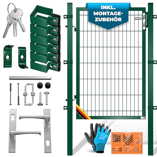 KESSER® Gartentor Premium Gartentür aus Metall verzinktem Stahl, Gartentür für Stabmattenzau Zauntor, Hoftor, inkl. Pfosten mit Schloss Türklinke und Schlüssel, 140 x 106cm Grün