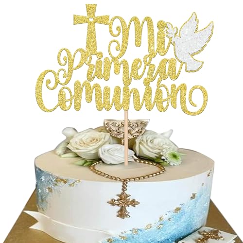 Adornos para Tarta Dorados 'Mi Primera Comunión' - con decoración de cruz y paloma, perfectos para celebraciones de comuniones de niños y niñas, bautizos, fiestas y decoraciones religiosas