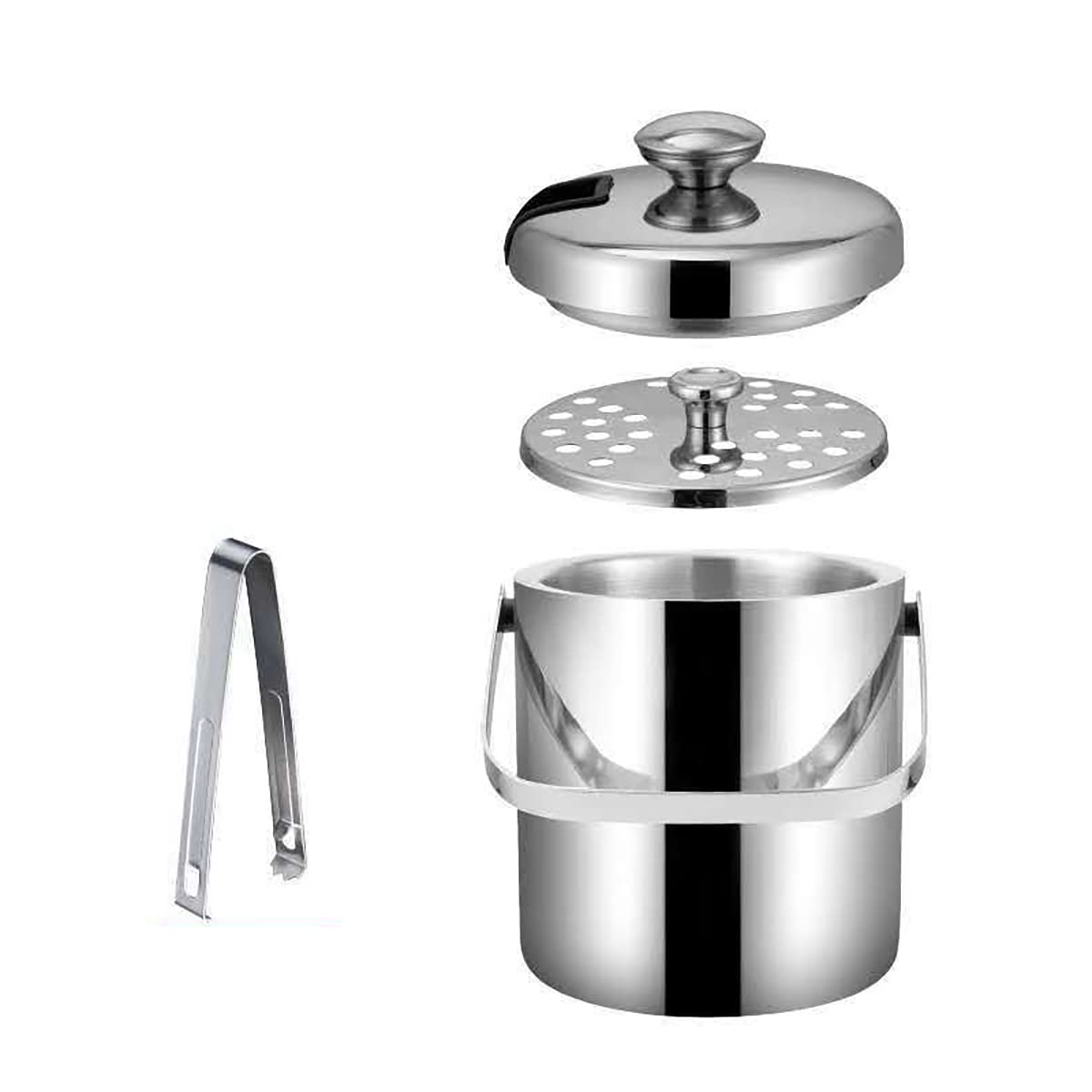 Eiskübel Edelstahl Eiswürfelbehälter isolierter Eisweinkühler tragbarer doppelwandiger Eisbehälterkorb mit Zange und Wasserfilter für Hausbar und Partys Silber 1,3 l 8,9 x 5,5 x 5,5 Zoll
