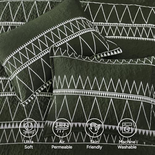 Image of Andency Green California King Quilt Set, 3 Pieces Boho Lightweight Soft Striped Cal King Bedspread for All Season (112 inchx104 inch), Printed Bohemian Polyester Reversible Coverlet Comforter Sets