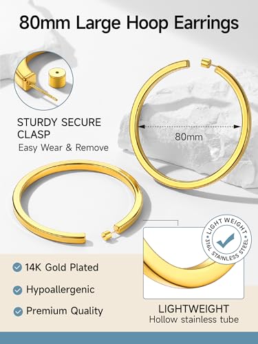 Image of Stainless Steel Chunky Hoop Earrings For Women, Minimalist and Chic, Black /Gold Plated, Round Hoops Earrings Hypoallergenic, Size: 30mm /40mm /60mm /80mm, Come with Box