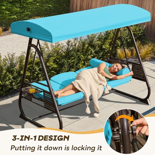 Image of 3 in 1 Outdoor Porch Swing with Adjustable Canopy, 3 Seat Outdoor Swing for Adults, Patio Swing Chair with Thickened Cushions,Pillows & Cup Holders for Backyard, Porch, Garden (Lake Blue)