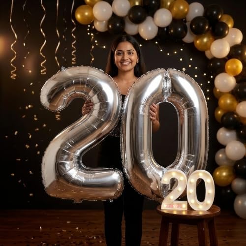 Image of Balloonistics Silver 40-Inch Foil Number 20 Balloon with Matching LED Marquee Light - Combo Set for 20th Birthday, Anniversary, Party Decoration, Photo Booth Backdrop, Cake Table Decor