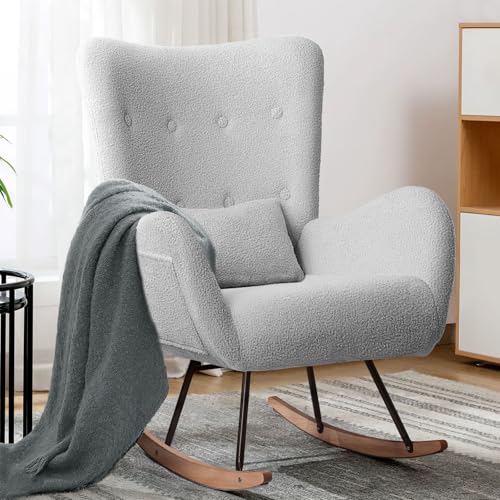 Image of LEMBERI Rocking Chair Nursery, Teddy Upholstered Padded Seat Rocking Chair with Headrest, High Backrest Glider Accent Chair for Bedroom, Nursery, Living Room (Light Gray)