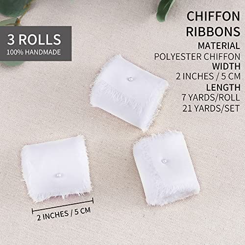 Doris Home 3 Rolls 2"X7Yd Fringe Chiffon Ribbon For Flower Bouquet, Handmade White Ribbon For Gift Wrapping, Frayed Edge Ribbon For Crafts, Decorating, Bouquet Wrap, Wedding Invitation #TOP1