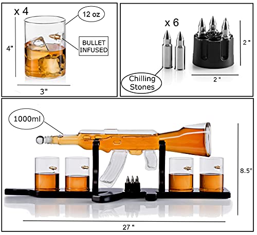 Whiskey Gun Decanter Set + 4 Whisky Bullet Glasses On Gun Shaped Rich Wood Classic Mahogany Base Tray With Bullet Chilling Stones Gift Packaging - For Liquor Scotch Bourbon - Christmas Holiday Gift #TOP1