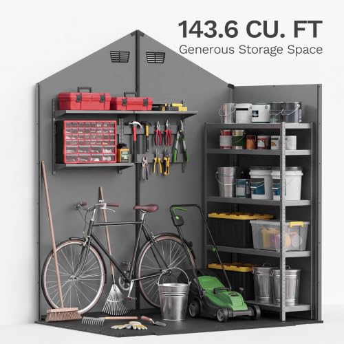 Image of Devoko 6X4 FT Plastic Outdoor Storage Shed with Floor, Dark Gray | Resin Tool Sheds with Lockable Door and Window, Weather-Resistant Garden Shed, Easy Assembly for Backyard, Patio, Lawn