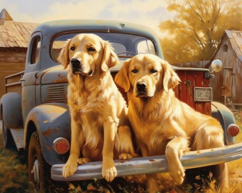 Generic Truck Golden Retriever Cross Stitch Kits for Beginners Stamped Cross-Stitch Supplies Needlework DIY 11CT 3 Strands Cotton Thread Printed DIY Needlepoint Kits 50×40cm (YP165)