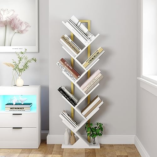Yusong Tree Bookshelf, Geometric Bookcase with Steel Pipe for Living Room Bedroom, Floor Standing Books Shelves for Home Office (Gold and White) - Image 3