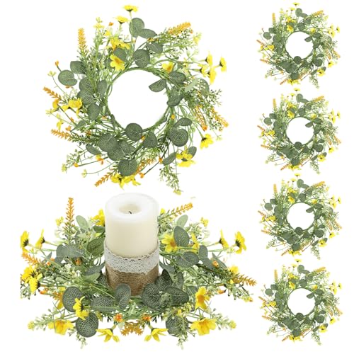 Suncalla 6 Pcs Spring Daisy Candle Rings Wreaths 4 in