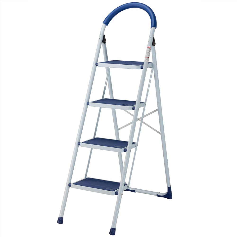 Bakaji Scala Scaletta Pieghevole Salvaspazio con Gradini Antiscivolo e Maniglione di Sicurezza Sgabello Scaletto Struttura in Acciaio e Rivestimento in Gomma Portata massima 150kg (4 Gradini Blu)