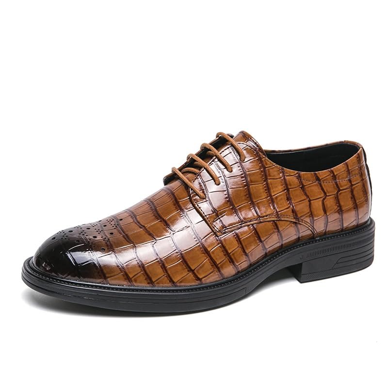 Men's Brogue Shoes Retro Pointed Chunky Heel Non-Slip Business Dress Shoes Genuine Leather Oxford Shoes for Men(Brown,10)