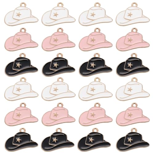 MECCANIXITY Western Charm for Jewelry Making 17mm Enamel Alloy Cowboy Hat Game Western Charm Pendants for Bracelet Necklace Earrings DIY Crafts Pack of 24 White Black Pink
