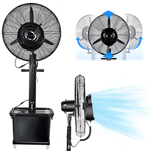 Ventilador nebulizador de 3 velocidades, ventilador de pedestal oscilante de 90° para exteriores con nebulizador, ideal para talleres, garajes, graneros y espacios de trabajo, con tanque de gran capa