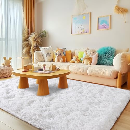 5x7 Rugs for Living Room - 1.4" Height Pile Plush Rug for Dorm - Soft Non-Slip Fluffy Throw Carpet Bedroom White