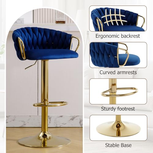 Butacos de Barra Set de 4, Modernos Ajustables Tapizados, Sillas Giratorias de Altura para Isla de Cocina, Comedor, Café o Pub, Azul Oscuro con Reposapiés Dorado miniatura 4