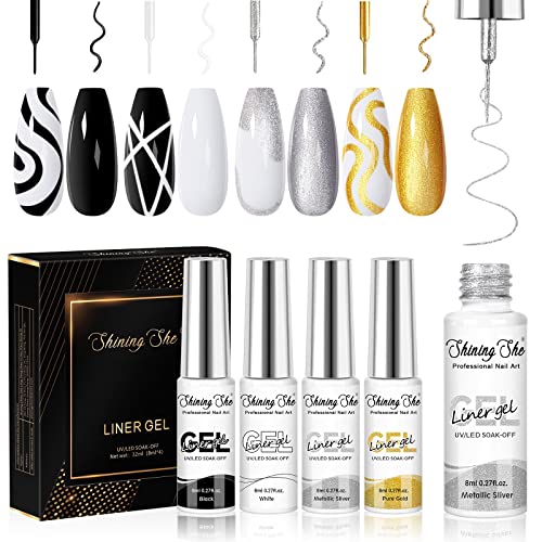 Shining She Pintauñas Gel Liner, 4 Colors Negro Oro Plata Blanco Esmalte Semipermanente para Uñas,Pintauñas Semipermanentes Soak Off UV Para DIY Nail Liner Art Manicure Salon,8ML