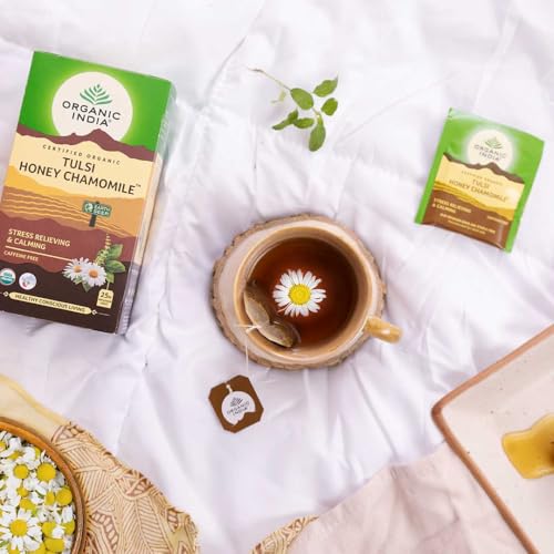 Image of A TATA Product - Organic India Tulsi Honey Chamomile Infusion - 25 Tea Bags, Certified Organic, Stress Relief, Calming, Promotes Sleep, Caffeine-Free (Pack of 3)