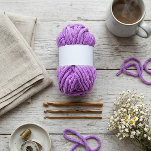 Image of Soft Chenille Yarn 100 gm Velvet Wool for Crochet Knitting DIY Craft Multipurpose Yarn Ball for Blanket Scarf Cushion Making (Purple)