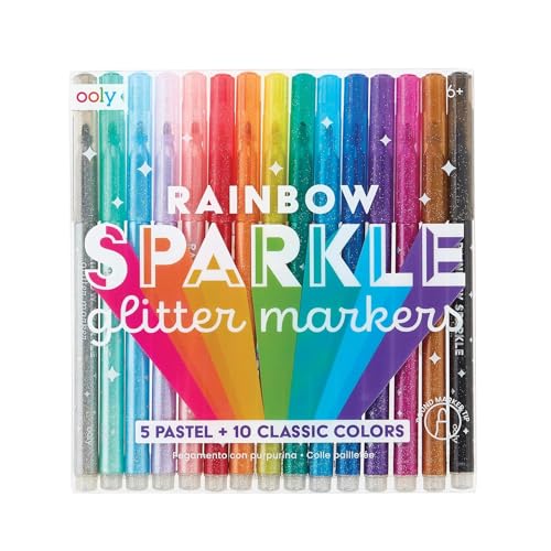 Ooly Rainbow Sparkle Glitter Markers Set of 15, Includes 5 Pastel & 10 Classic Color Markers, Glittery & Sparkling Marker for Kids, 2mm Nib for Medium Sized Lines - GLITTER VARIETY PACK
