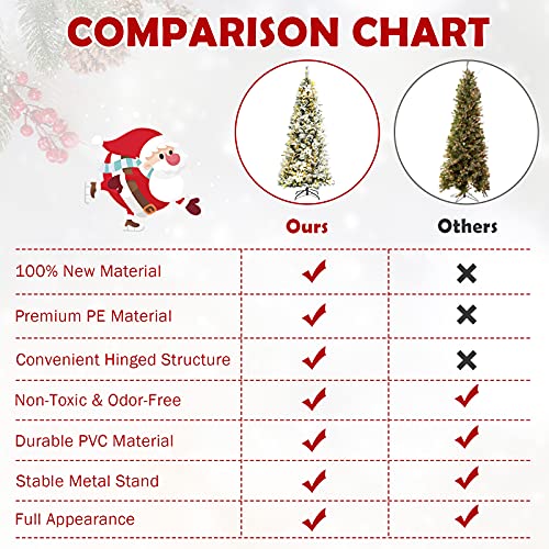 Goplus 7Ft Artificial White Christmas Tree, Pre-Lit Snow Flocked Pencil Xmas Tree W/ 627 Tips, 350 Led Lights, 100% New Pe & Pvc, Pre-Decorated Ornaments, Fake Snow Pine Tree For Home, Office #TOP4