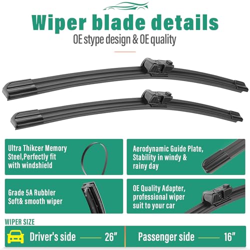 Image of 26 inch 16 inch 11 inch Windshield Wiper Blades Replacement for Buick Encore GX 2022 2023 2024 2025 Premium All Weather Front Rear Wipers Set - OEM Quality (Pack of 3)