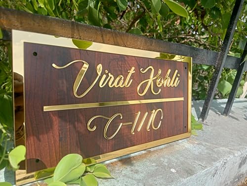 Image of Personalized Craft Wood Luxury Door Name Plates for Home Entrance (15x30 Cm) with 3D Embossed Letters- Ideal for Home & Office Entrances With Stainless Steel Screws || Door name plates (WoodGold)