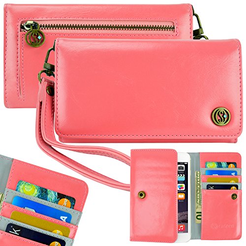 Smart Phone Wristlet, caseen® Bella Wallet Clutch Purse Case (Coral) for Apple iPhone 6S 6 5S 5C 5 4S 4, Samsung Galaxy S5 S4 S3, Google Nexus 5X 5, LG G2, HTC One M7, Sony Xperia Z Z3 Compact / Z3v, Moto X G E, Droid MAXX Razr Mini [Up to 5.75 x 3.1 Inch Smartphone] - Regular Size