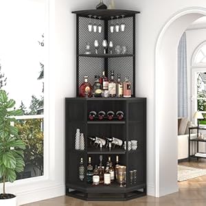IBF Tall Corner Bar Cabinet Large Wood and Metal Liquor Cabinet with Wine Rack Industrial Corner Wine Cabinet with Adjustble Shelf Storage Home Bar Unit for Kitchen Living Room Dark Gray 71 Inch